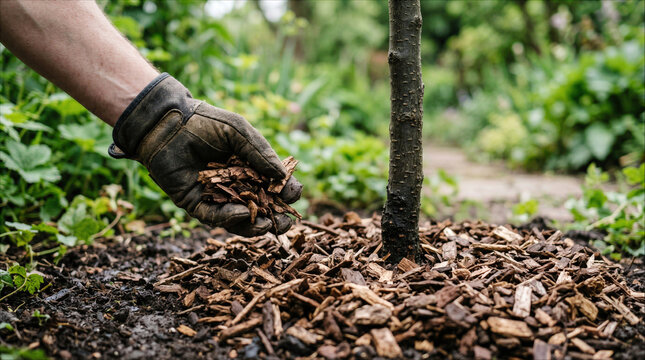 Gardener's gloved hand applying organic wood chip mulch around a young tree base for soil protection and moisture retention in a garden.