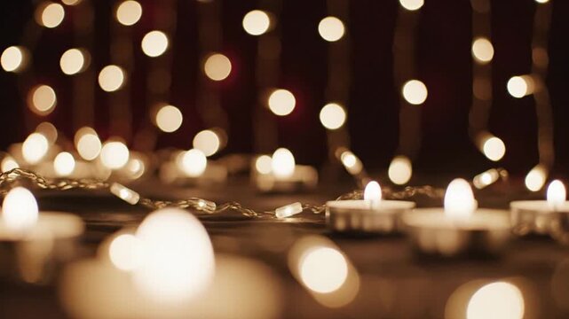 Warm tealight candles and blurred string lights create festive atmosphere