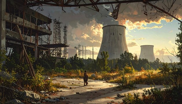 Atmospheric digital art piece showing an overgrown concrete pathway leading to two large cooling towers in an abandoned, post-apocalyptic scene