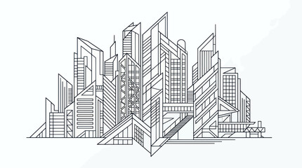 Obraz premium Modern Cityscape Line Drawing: Abstract Geometric Architecture of Futuristic Skyscrapers