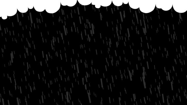 Dark animated rain falling from white clouds against a black background. Stylized flat design loop representing heavy storms, night weather, or moody atmosphere.