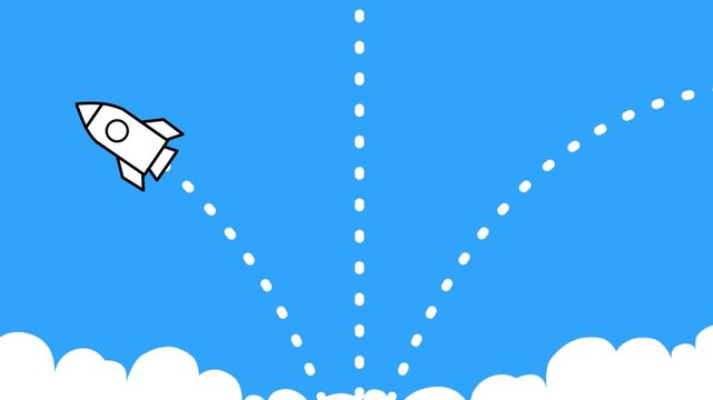 Rocket launching into a blue sky from clouds, leaving dashed trails. Represents business startup, rapid growth, innovation, and successful flight trajectory.