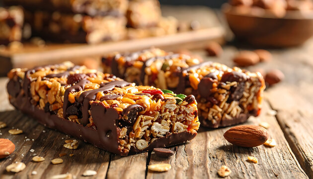 Healthy nut and chocolate granola bars on rustic wooden surface with almond snacks, fitness food nutrition, protein snack