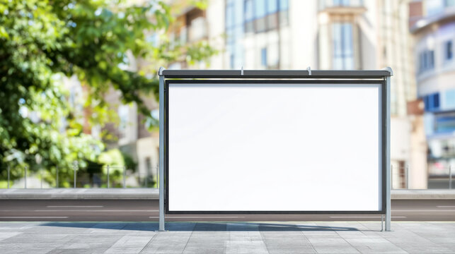 Blank outdoor billboard mockup at urban bus stop with empty advertising display in city street setting. Ideal for branding, poster presentation, marketing campaign or public advertisement template