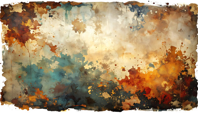 Distressed watercolor texture with vintage burnt orange and teal ink splatters, grunge paper effect for background design