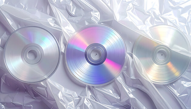 three compact discs with iridescent holographic reflection on a crumpled metallic foil texture