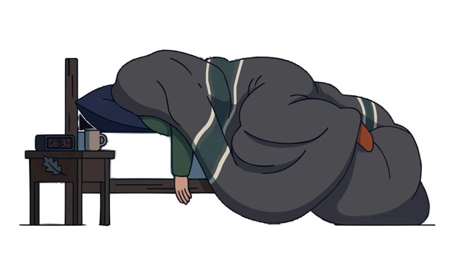 2d FLAT MINIMALISM Person sleeping soundly under a blanket with a bedside table and alarm clock PNG Isolated on transparent background vector