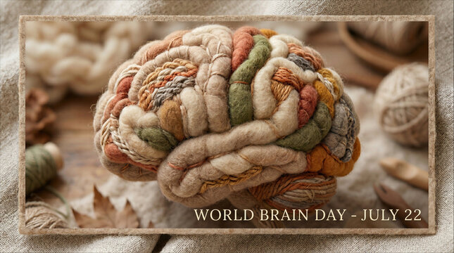 Woven textile brain made of multicolored yarn for World Brain Day on July 22, conceptual art for neurology and mental health awareness.