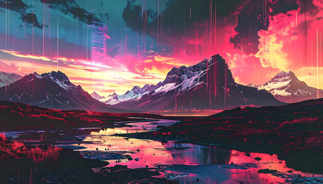 pixel art landscape of snowy mountains and a river under a vibrant sunset sky