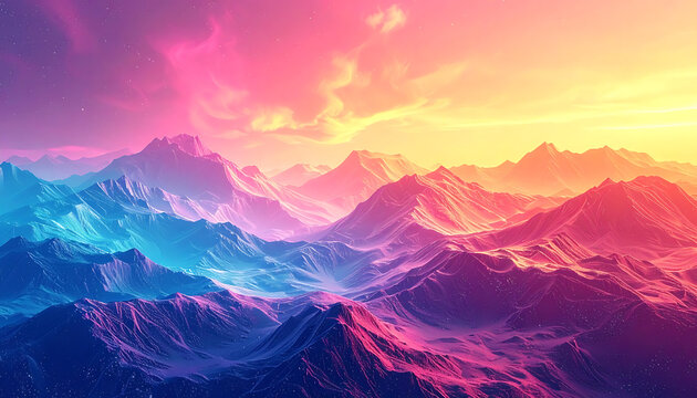 Pixel art mountain landscape with vibrant sunset gradient, starry sky, retro 8-bit gaming aesthetic, perfect for game backgrounds or wallpapers