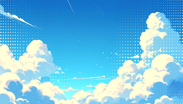 pixel art sky with fluffy clouds and contrail vapor trail in sunny blue atmosphere