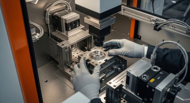 cnc machine operator adjusting metal part with gloves in industrial workshop