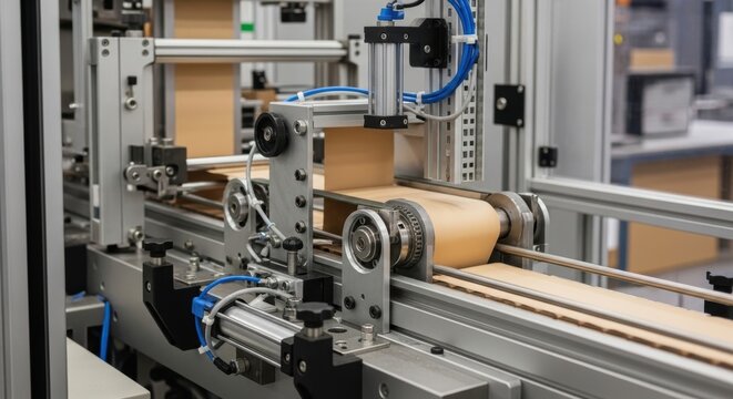 packaging machine processing carton box on conveyor belt with industrial automation