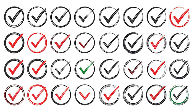 Set of hand drawn circular tick marks and check box icons in various colors, task completion, survey voting, success verification