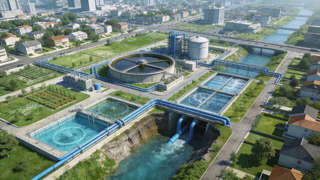 Modern urban water treatment plant infrastructure processing and purifying water for communities.