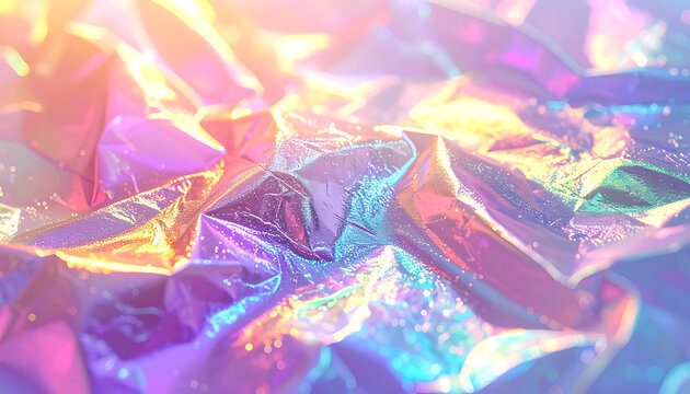 Iridescent holographic crumpled texture with vibrant purple blue and gold light reflections