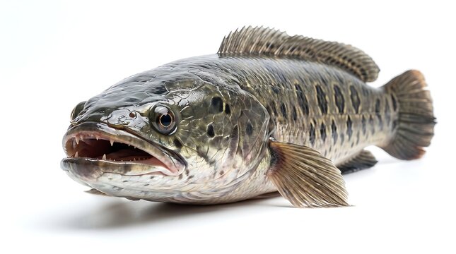 A close up studio shot of a predatory snakehead fish isolated on a white background.