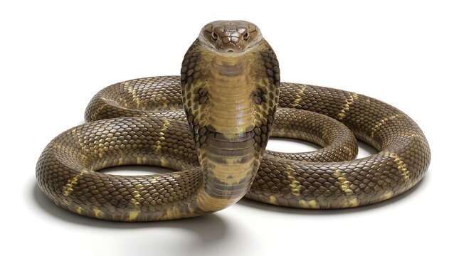 A majestic cobra snake coiled and alert on a white background.