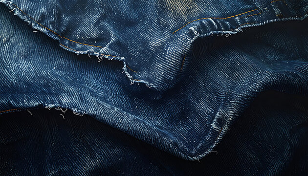 Macro closeup of dark indigo denim fabric texture with rugged folds, woven cotton material, textile industry background