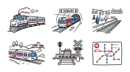 Doodle Train Collection: Subway, Station, Travel, Commute, City, Rural © Deni