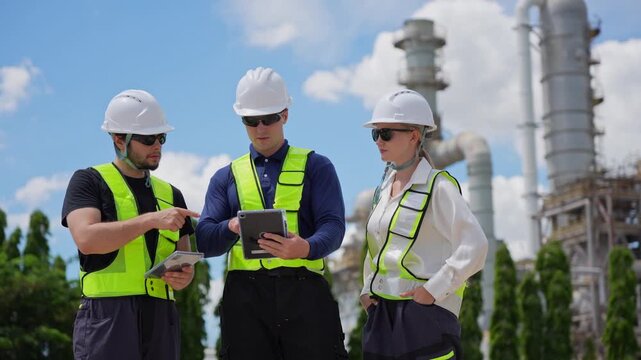 Industrial worker in safety gear reviewing project plans at petrochemical plant, Engineer using digital tablet at oil refinery plant, Technical team monitoring production data at oil and gas facility