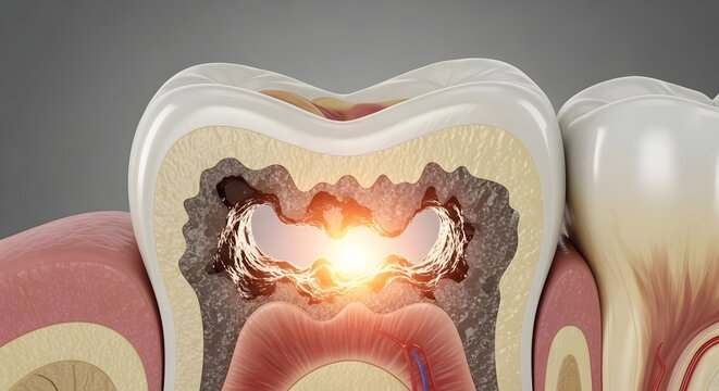 Severe Internal Tooth Decay Beneath Restoration Reaching Deep Layers Near Dental Pulp