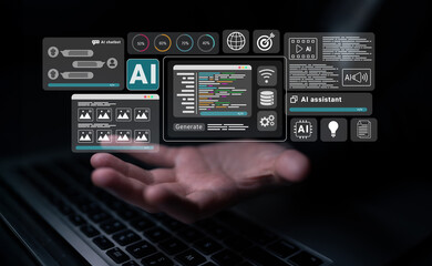 Fototapeta premium AI assistant with chatbot windows, code editor, and performance analytics for intelligent automation and development Parse