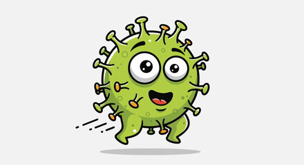 Fototapeta premium A cheerful cartoon virus character runs with a big smile on a white background like whisks.
