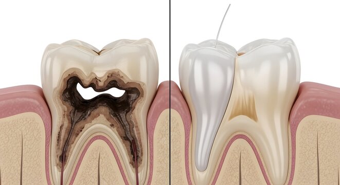 Detailed Before and After Dental Filling Treatment Comparison Showing Restoration of Deep Tooth Decay and Improved Tooth Structure Integrity