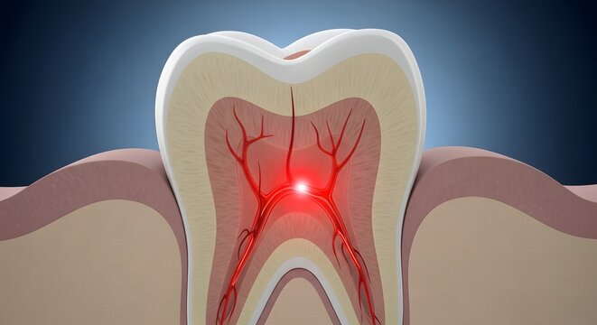 Severe Tooth Root Infection and Pulp Inflammation Illustration Highlighting Deep Internal Dental Pain