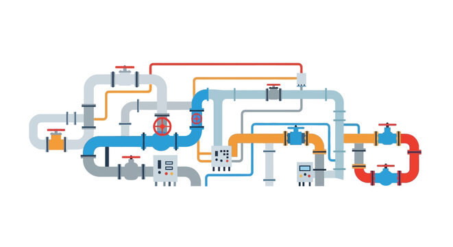 Industrial Water Pipe System with Valves and Controls - Flat Design