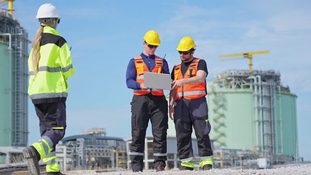 Professional team discussing project progress at an LNG storage terminal, Engineers conducting site inspection at a natural gas facility, Diverse technical operators working at an LNG storage plant