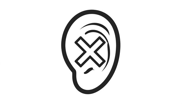 Black and white illustration of an ear, with an "X" overlaid, indicating hearing impediment or "do not listen" concept