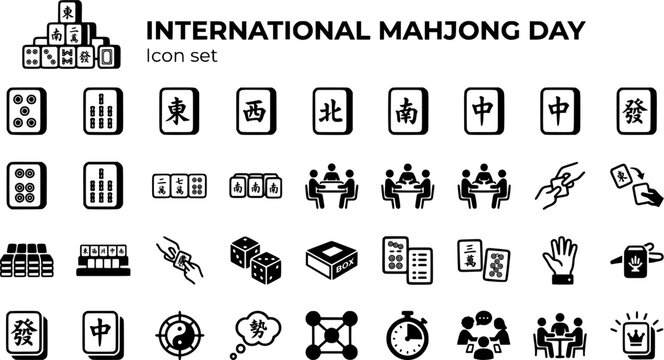 International Mahjong Day Icon Set Mahjong Tiles Strategy Gameplay Cultural Games Traditional Games Social Gaming Vector Illustration