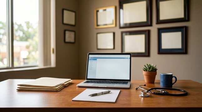 Clean Doctor Office Desk with Blurred Diplomas
