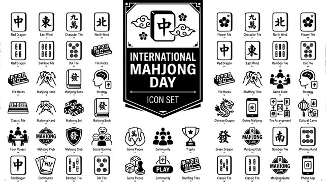 International Mahjong Day Icon Set Mahjong Tiles Strategy Gameplay Cultural Games Traditional Games Social Gaming Vector Illustration