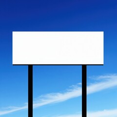 Fototapeta premium Rectangular white sign stands against bright blue sky with thin clouds. Two black posts hold empty billboard ready for custom text or graphics. Offers blank space for any message.