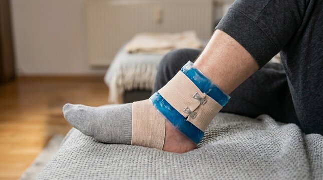 Ice Pack Applied on Injured Ankle Close-Up