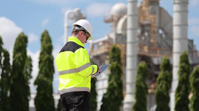 Industrial worker monitoring refinery infrastructure, Engineer performing safety inspection at oil refinery complex, Technician checking equipment at oil and gas production plant