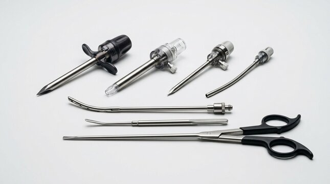 Laparoscopic Surgical Instruments and Trocar on White Background