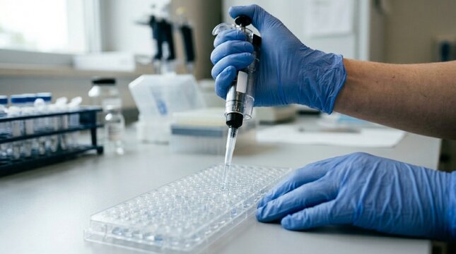 Lab Technician Pipetting into 96-Well Plate Close-Up