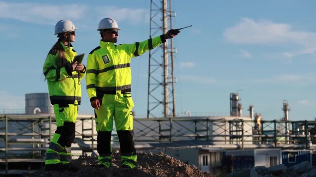 Engineer team monitoring production data at oil and gas facility, Technician using digital tablet at oil refinery plant, Industrial worker in safety gear reviewing project plans at petrochemical plant