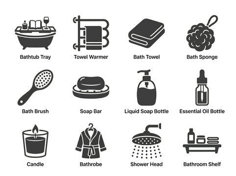 Premium flat minimal vector icon set of 12 bathroom spa items in single color style: bathtub tray, towel warmer, bath towel, bath sponge, bath brush, soap bar, liquid soap bottle, essential oil bottle