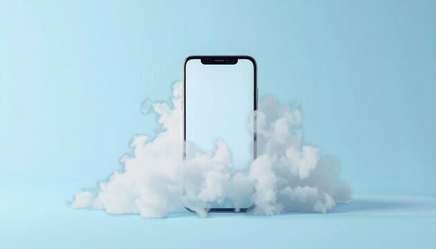 Minimal Smartphone with Soft Cloud Smoke for Invisible Payment Concept