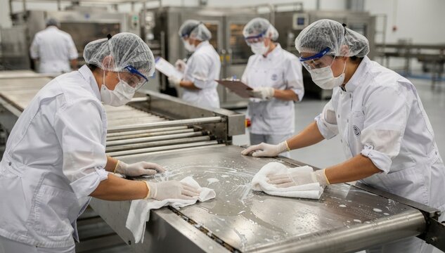 Medium shot showing staff performing wetclean and dryclean procedures by wiping and drying conveyor belts meticulously recording all stages of the line changeover.