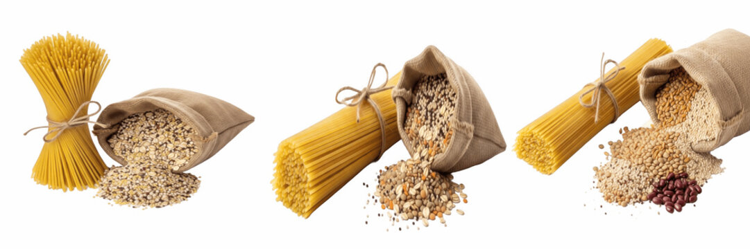 Set of bundle of dry spaghetti pasta tied with string next to a rustic burlap sack filled with grain oats isolated on transparent background, png.
