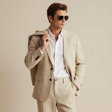 Stylish man in beige suit and sunglasses. Young male model poses in studio with jacket over shoulder. Fashionable guy wears white shirt and pants. Confident look for summer wear.
