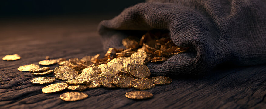 The woven sack containing gold pieces elicits sensations of riches and financial fortune.
