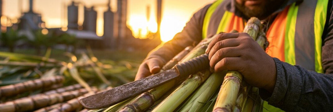Focus on a reflective safety vestclad worker lifting sugarcane stalks at golden hour machete blade catching warm light with a blurred biofuel refinery and plantation trees creating