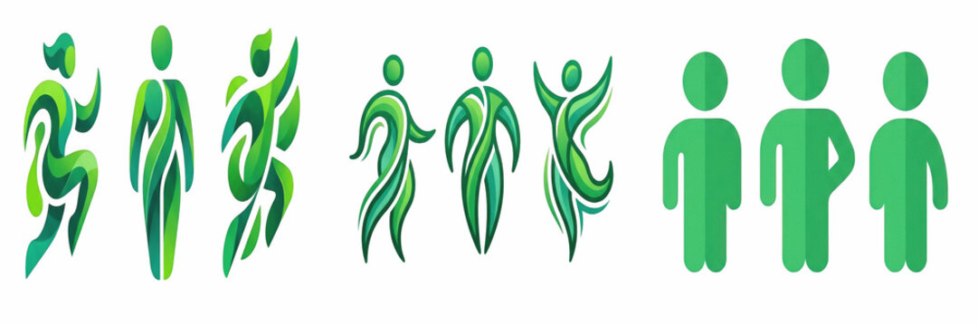 Set of three abstract green human figures dancing or jumping representing health wellness community logo concept isolated on transparent background, png.